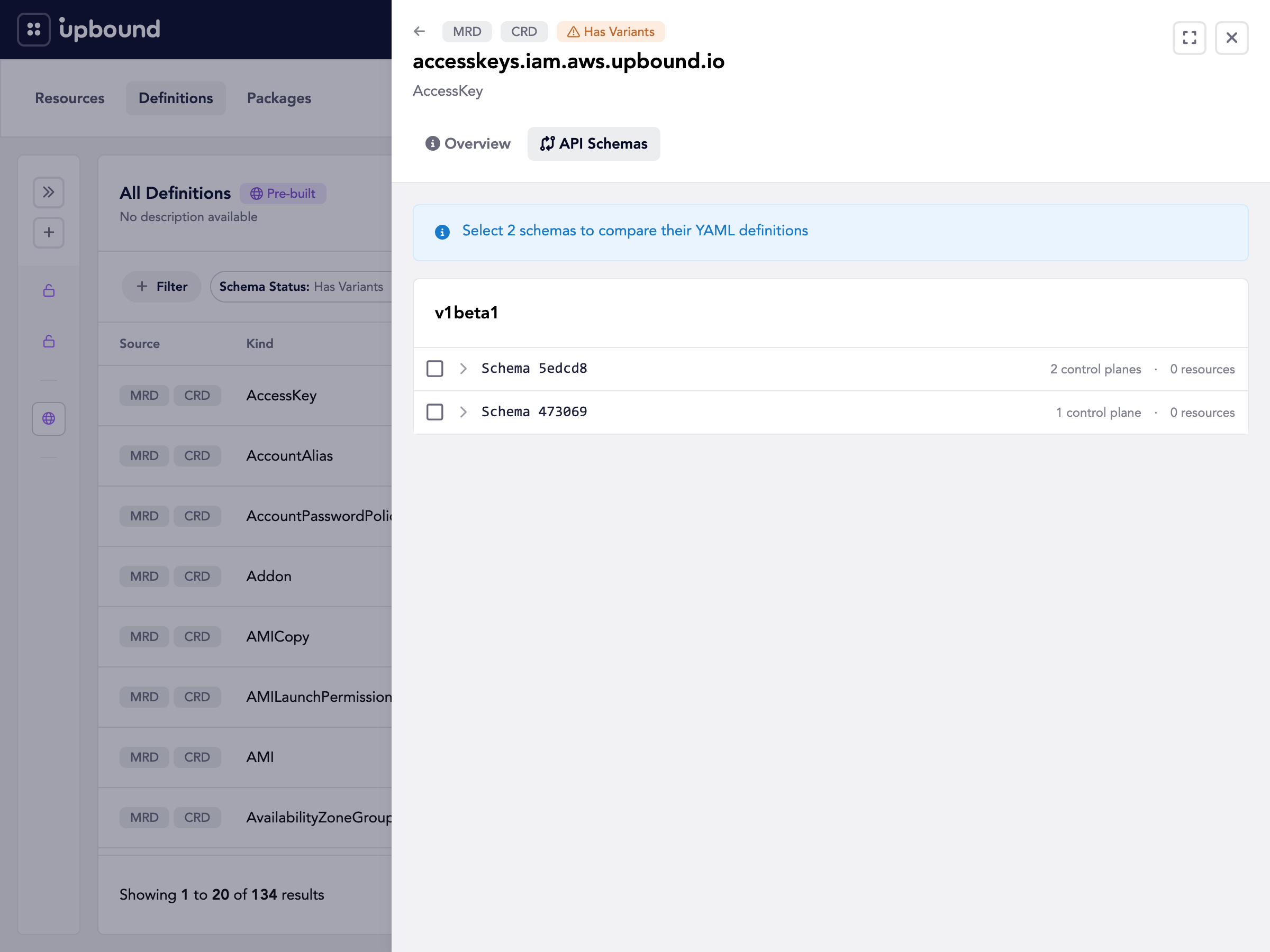The API Schemas tab with two variants selected for comparison