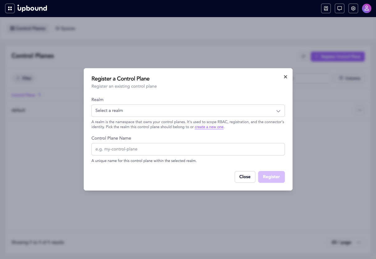 The Register a Control Plane dialog, with a realm selector and name field